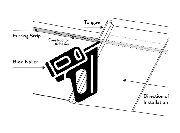 Graphic of tongue and groove plank installation on a ceiling-thumb