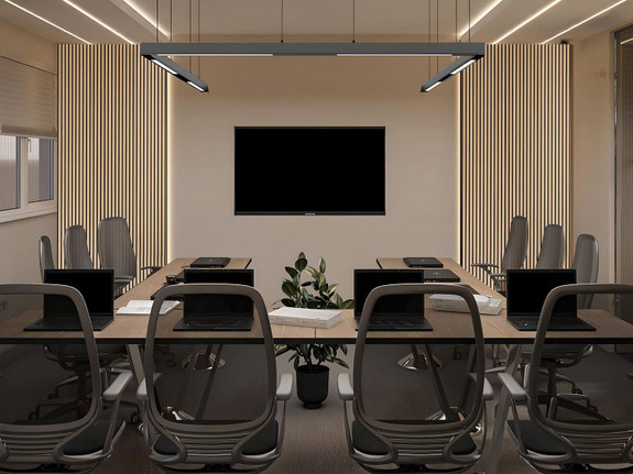 Oak Color Slat Wood Acoustic Wall Panels installed on the walls of a conference room in an office-thumb
