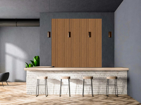 Maple Color Slat Wood Acoustic Wall Panels installed as a focal wall behind a bar seating area-thumb