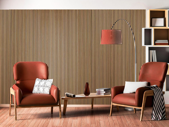 Teak Color Slat Wood Acoustic Wall Panels installed on a focal wall in a sitting area-thumb