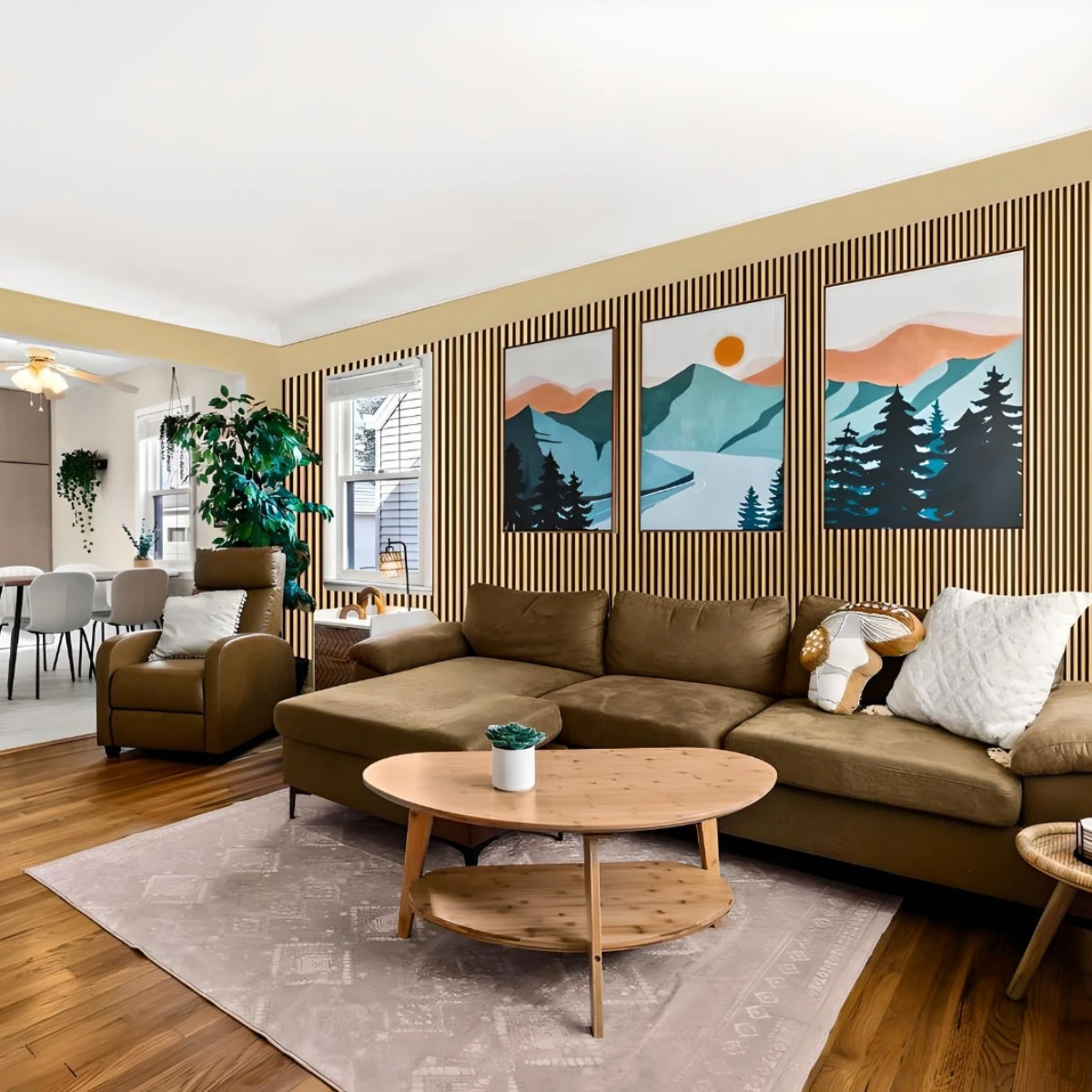 Acoustic wall paneling seen in home living room design. Acoustic paneling use for sound absorption and style. Shop acoustic paneling at barron designs