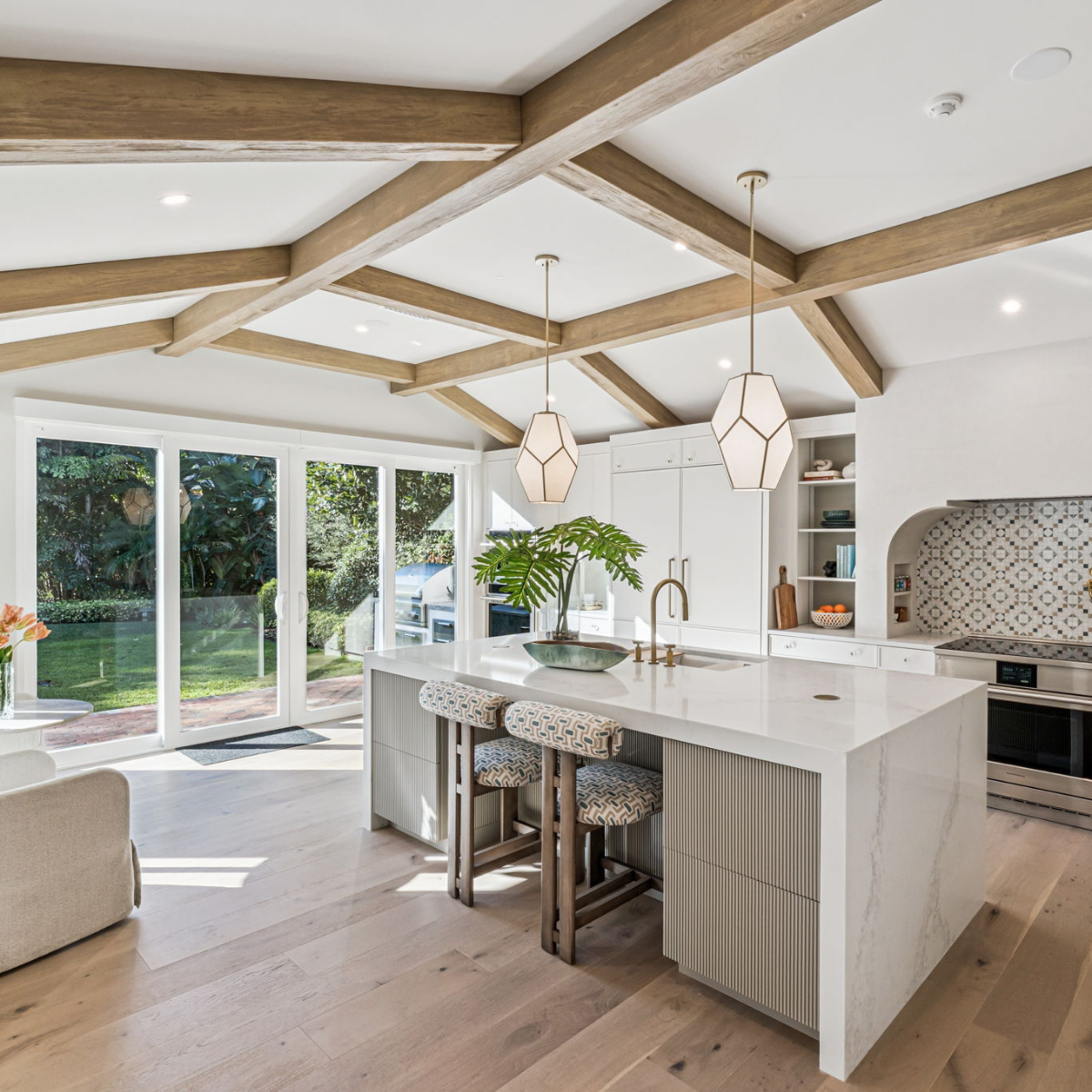 driftwood faux wood beams in modern kitchen living room, new color finish blonde oak