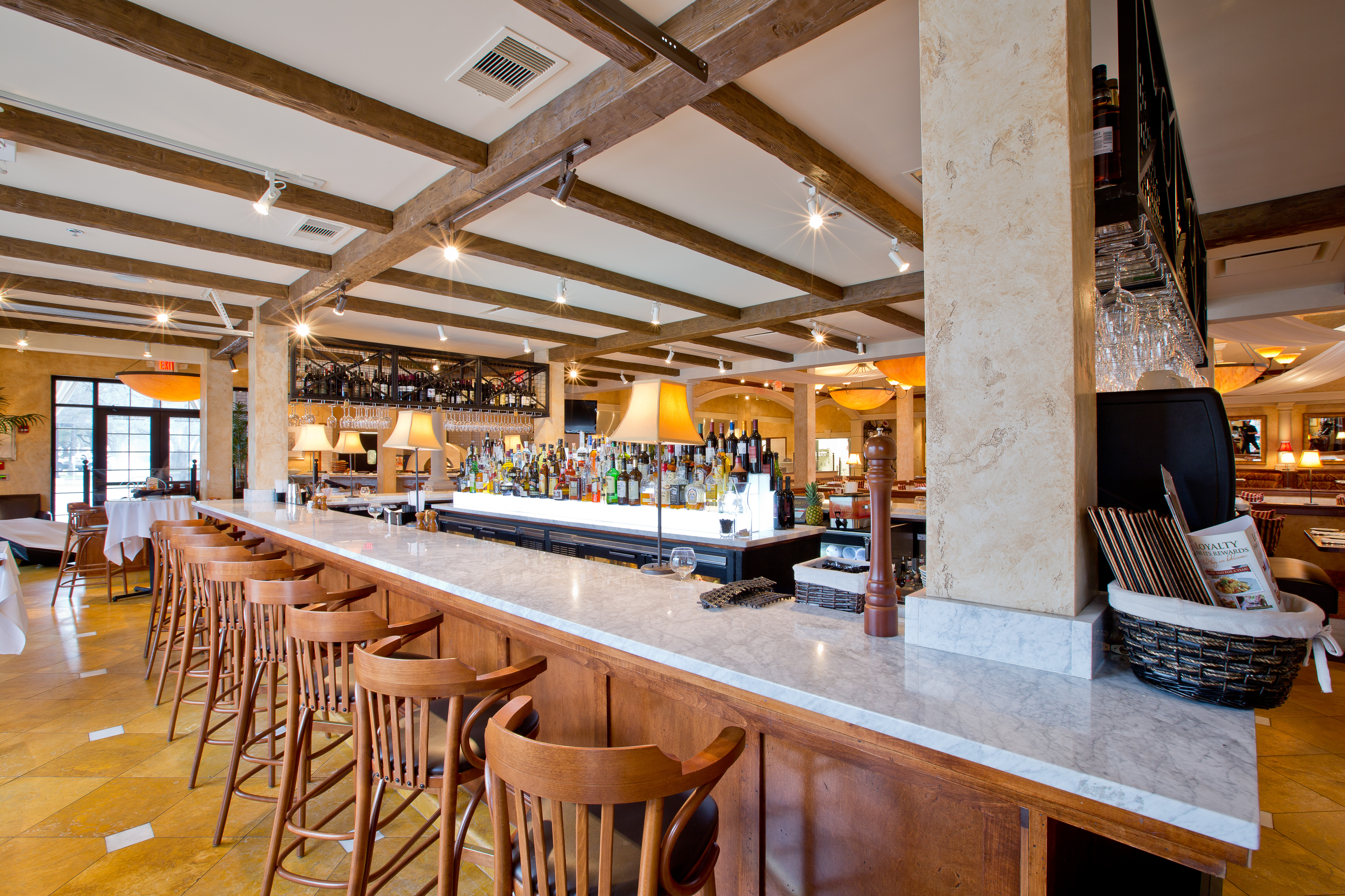 Restaurant interior that used faux wood beams from Barron Designs.