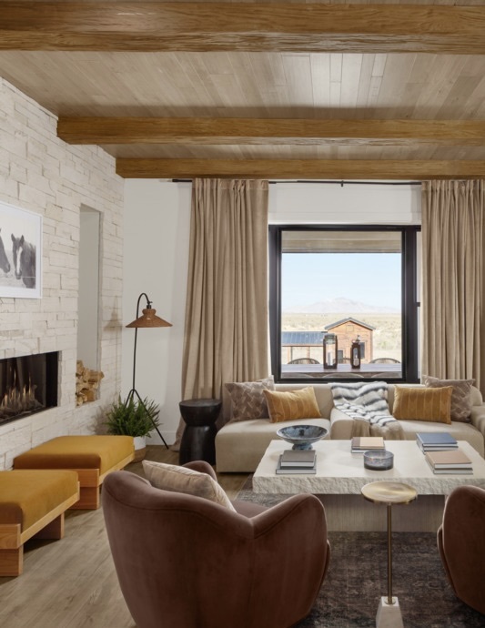 Heritage Faux Wood Beams in Caramel installed on a ceiling for a farmhouse-style living room