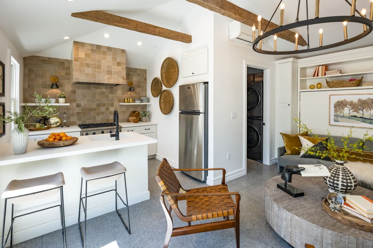 Rough Hewn Faux Wood Beams in Caramel installed on a ceiling for a boho style kitchen