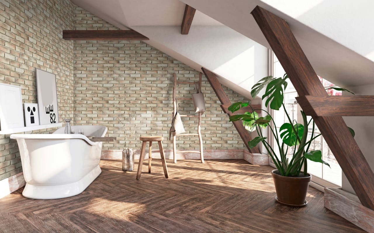 Old Chicago Faux Brick Wall Panels in Cream Caramel, and Driftwood Faux Wood Beams in Rich Walnut installed for a spa-like boho style bathroom