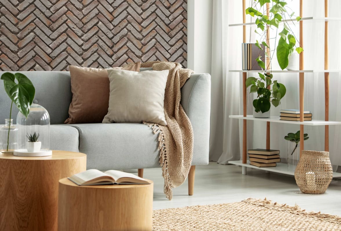 Old Chicago Herringbone Faux Brick Wall Panels in Dusky Evening for an accent wall in a modern boho style living room design.