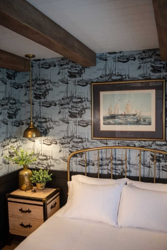 Reclaimed Faux Wood Beams in Early American installed on a bedroom ceiling for a modern coastal design