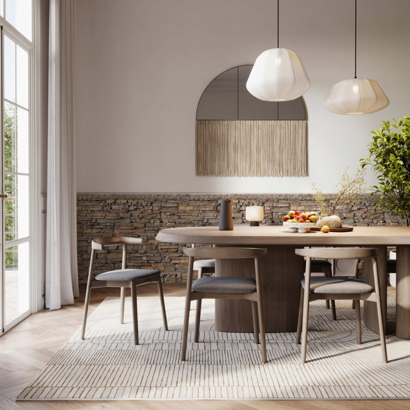 Colorado Dry Stack Faux Stone Wall Panels in Earth installed on a Tuscan-inspired transitional style dining room wall.