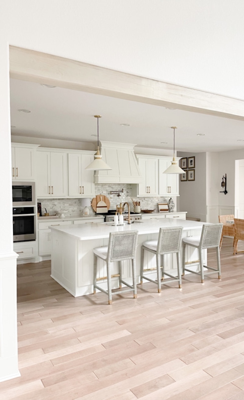 Driftwood Faux Wood Beams custom finished and installed on a kitchen ceiling for a modern coastal design