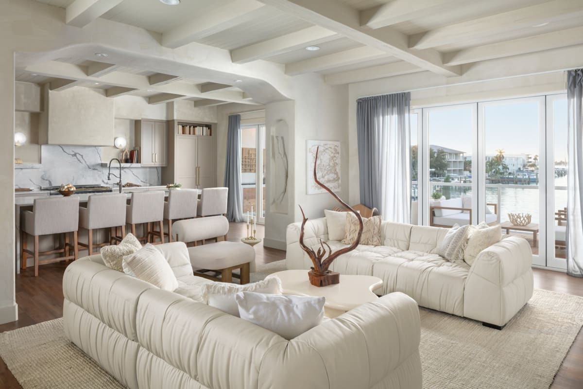 Driftwood Faux Wood Beams that were finished by the customer and installed on the kitchen and living room ceiling