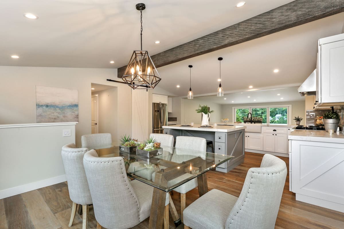 Reclaimed Faux Wood Beam that was finished by the customer, and installed on a kitchen ceiling for a farmhouse feel
