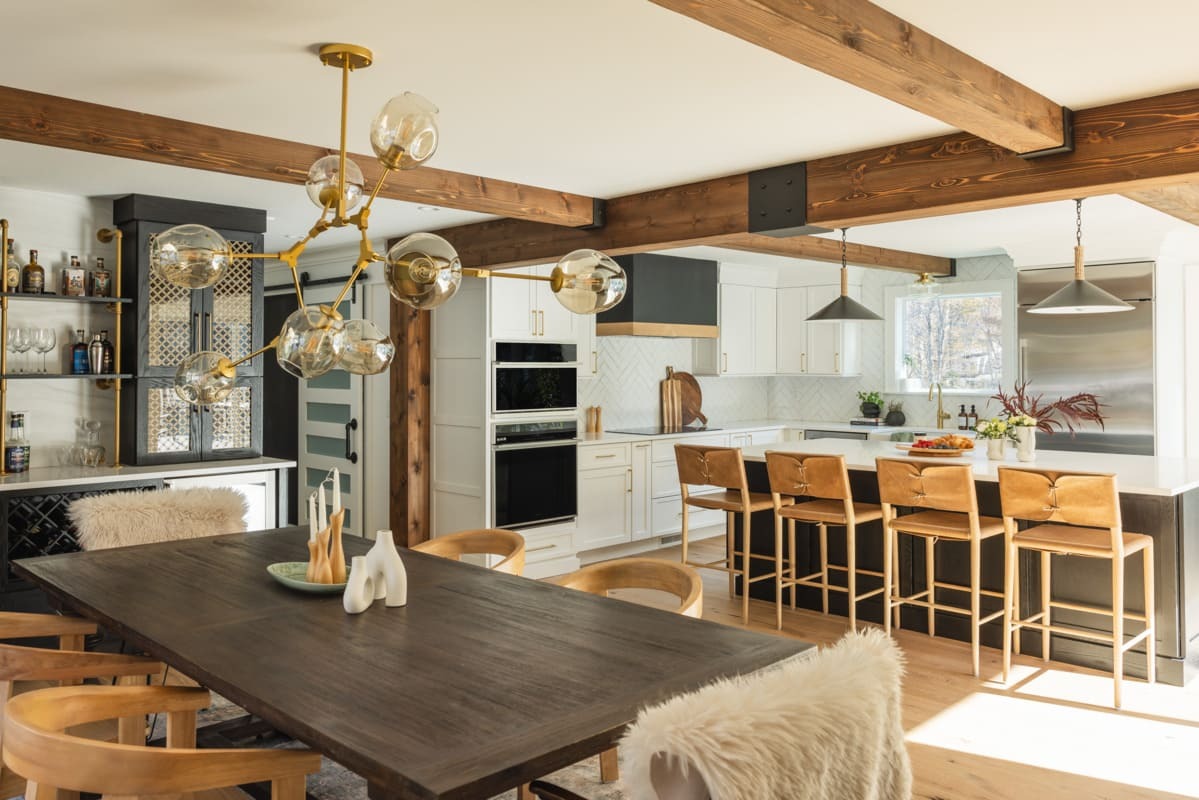 Wire Brushed Wood Beams that the Customer finished and installed on a farmhouse-style kitchen and dining room ceiling 