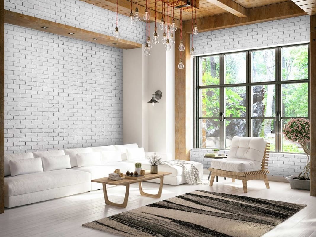 Old Chicago Faux Brick Panels in Glacier installed on a modern living room’s walls.
