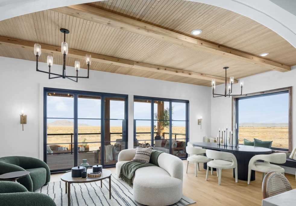 Bedroom interior with faux beams on ceiling