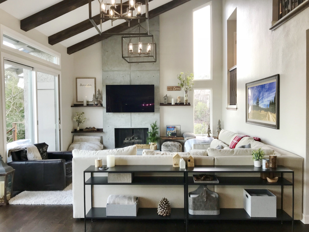 Beachwood Faux Wood Beams in Java installed on a transitional-style living room vaulted ceiling.