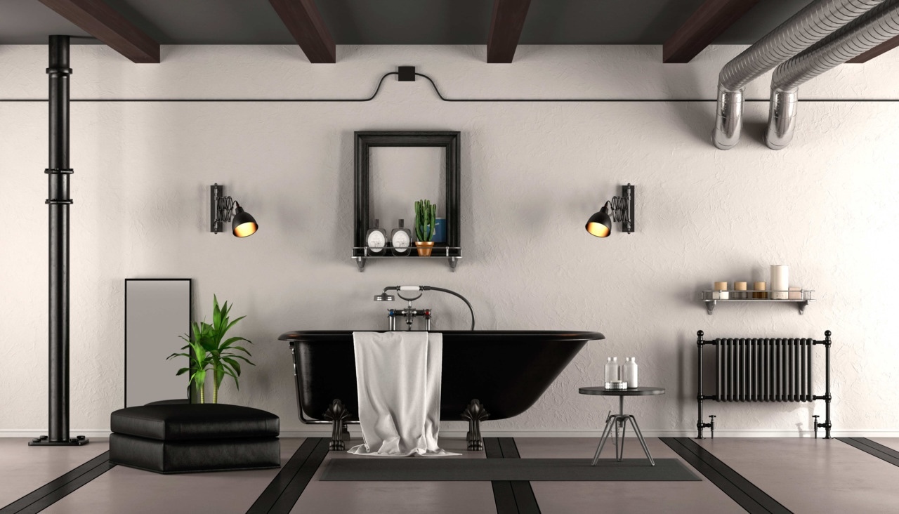 Driftwood Faux Wood Beams in Java installed on an industrial style bathroom ceiling.