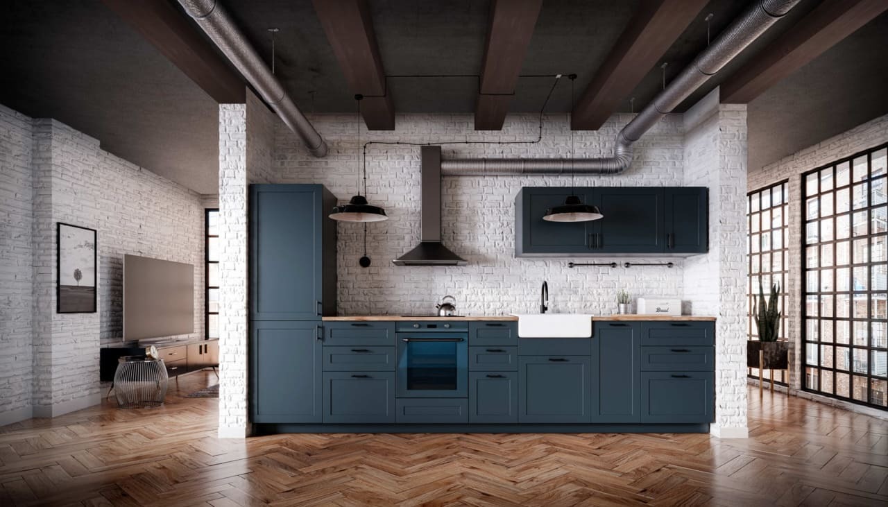 Driftwood Faux Wood Beams in Java installed on an urban and industrial style kitchen ceiling.