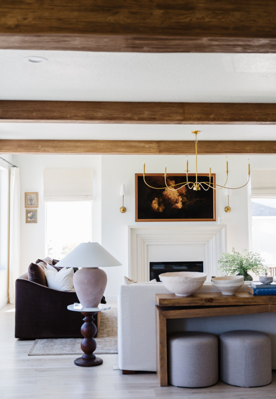 Light Oak Driftwood faux wood beams in an elegant modern style living room
