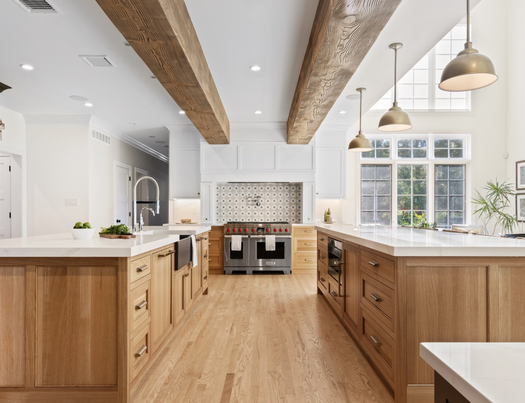 Heritage Faux Wood Beams in Light Oak installed on a traditional-style kitchen.