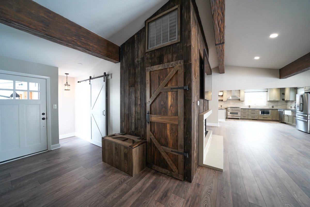 Timber Faux Wood Beam in Rich Walnut installed on a ceiling for a farmhouse-style design