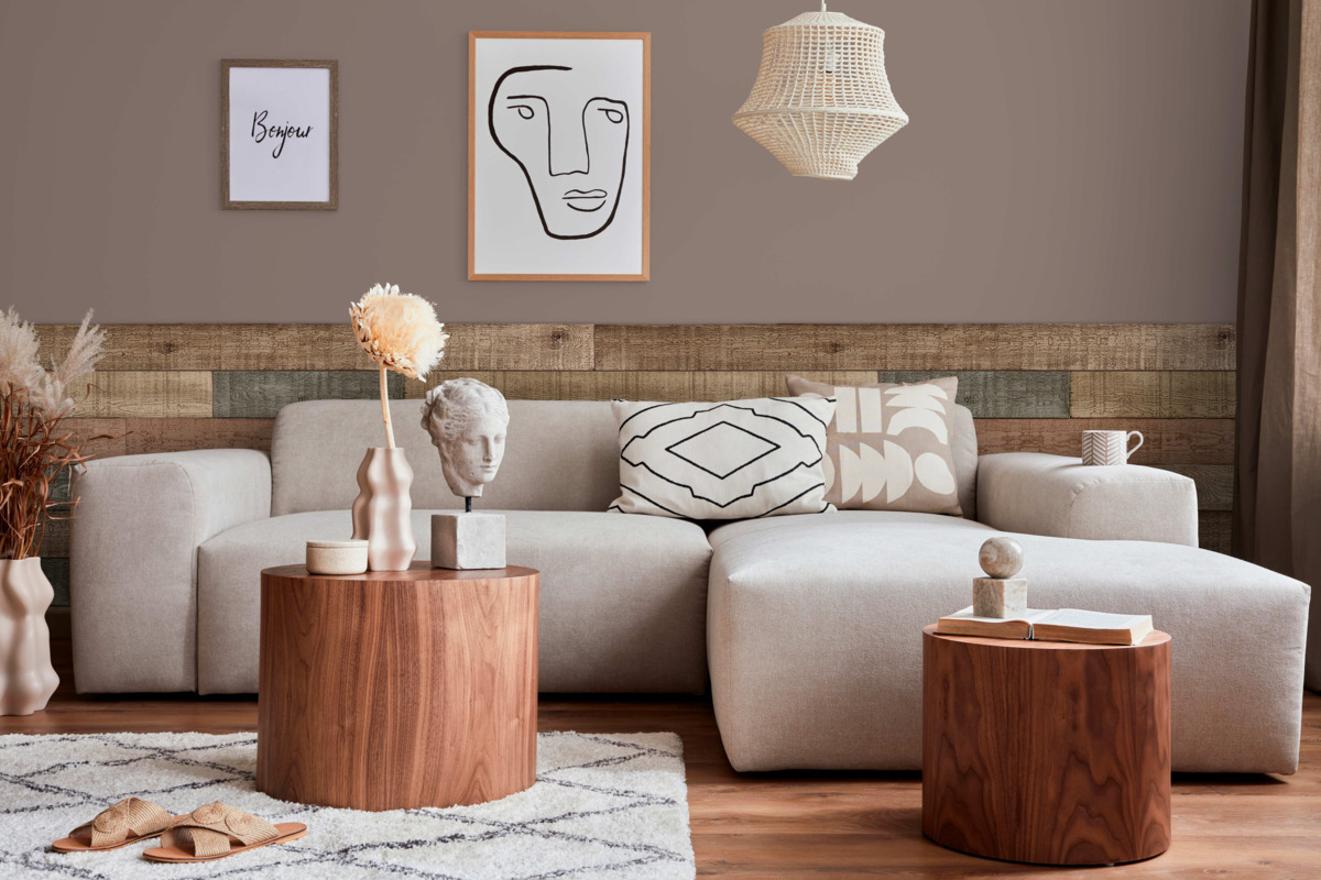Reclaimed Shiplap Faux Barn Wood Wall Panels in Rustic installed on a transitional-style living room wall.