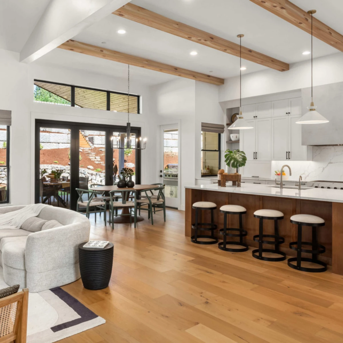Image shows Barron Designs new smooth real wood beam. Offered in various color finishes, sleek wood beam design. Beam shown in kitchen design