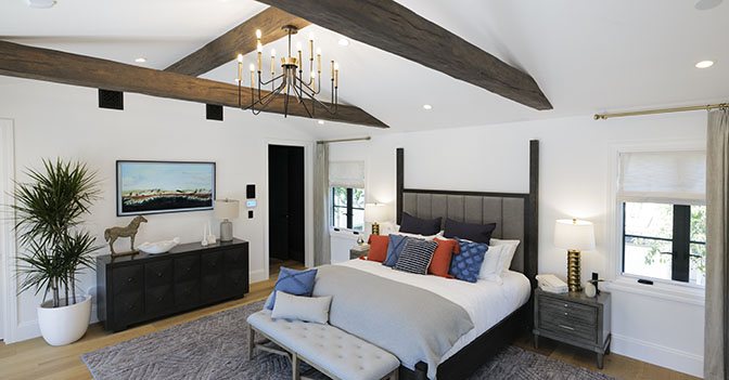 Beams on ceiling of bedroom