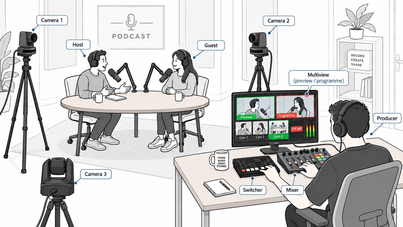 A podcast room: host and guest facing each other across a round table with
                              microphones on boom arms and headphones on, a camera on each of them and a third
                              camera covering the wide two-shot, and a producer at a desk to one side wearing
                              headphones, hands on a switcher and an audio mixer, watching a multiview screen
                              that shows preview, programme, all three cameras, an on-air indicator and audio
                              meters.