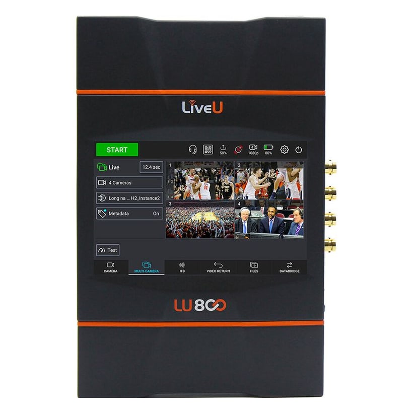 The LiveU LU800 field unit showing a live four-camera view on its touchscreen