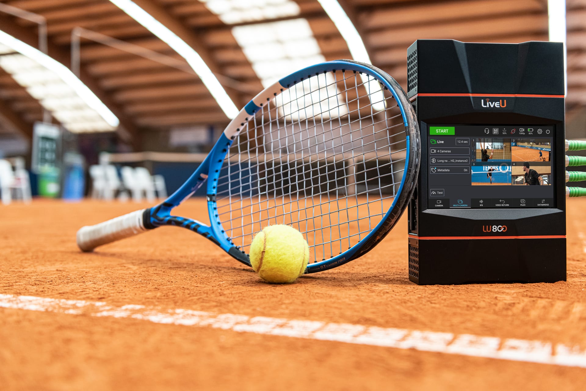 A LiveU bonded-cellular unit running a live four-camera feed at a sports venue