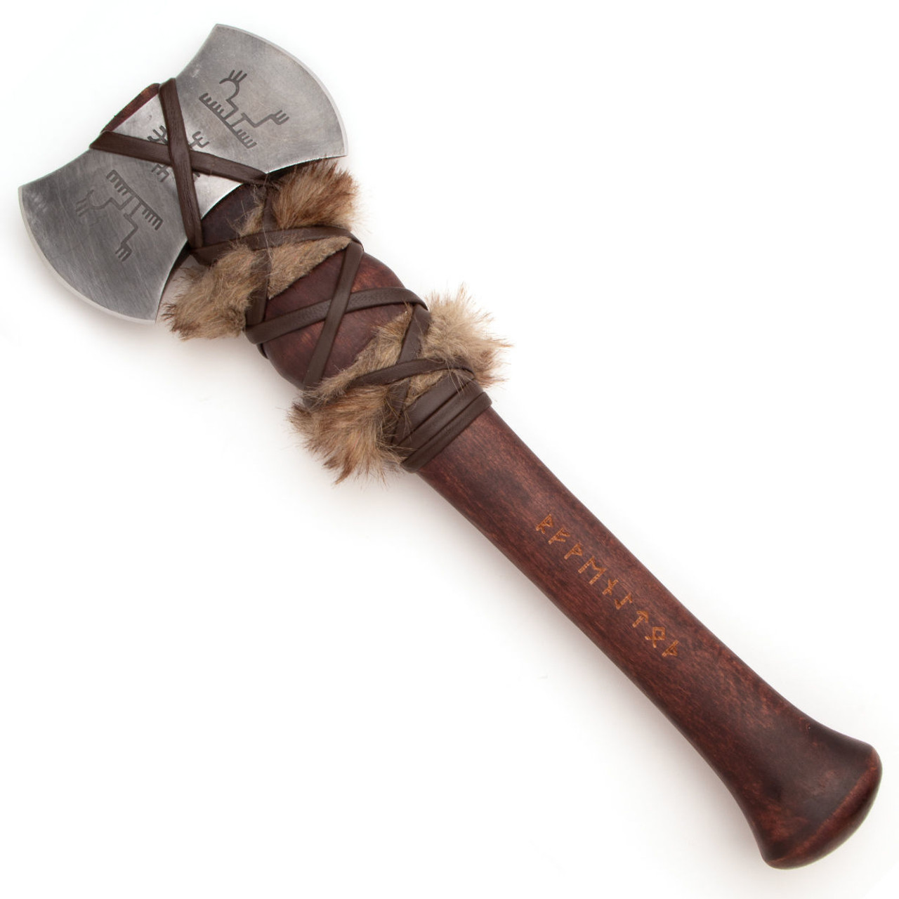 Asgard Creations axe has carbon steel blade, hardwood handle engraved with runes and wrapped in faux fur and leather 