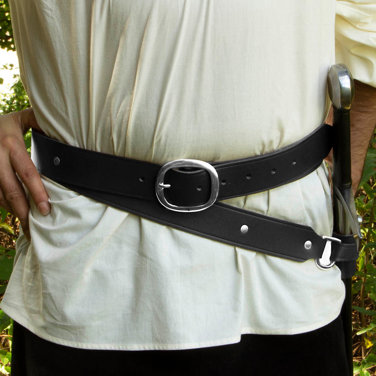 Medieval Double Wrap Black Leather Belt with Nickel Buckle and Studs