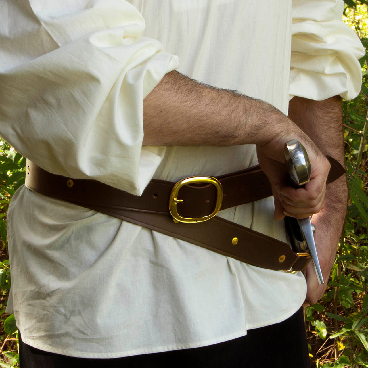 Medieval Double Wrap Brown Leather Belt with Brass Buckle and Studs includes frog