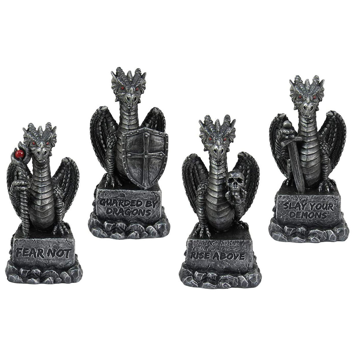 set of four medieval dragons, each has a motivational quote, hand painted poly resin with red eyes
