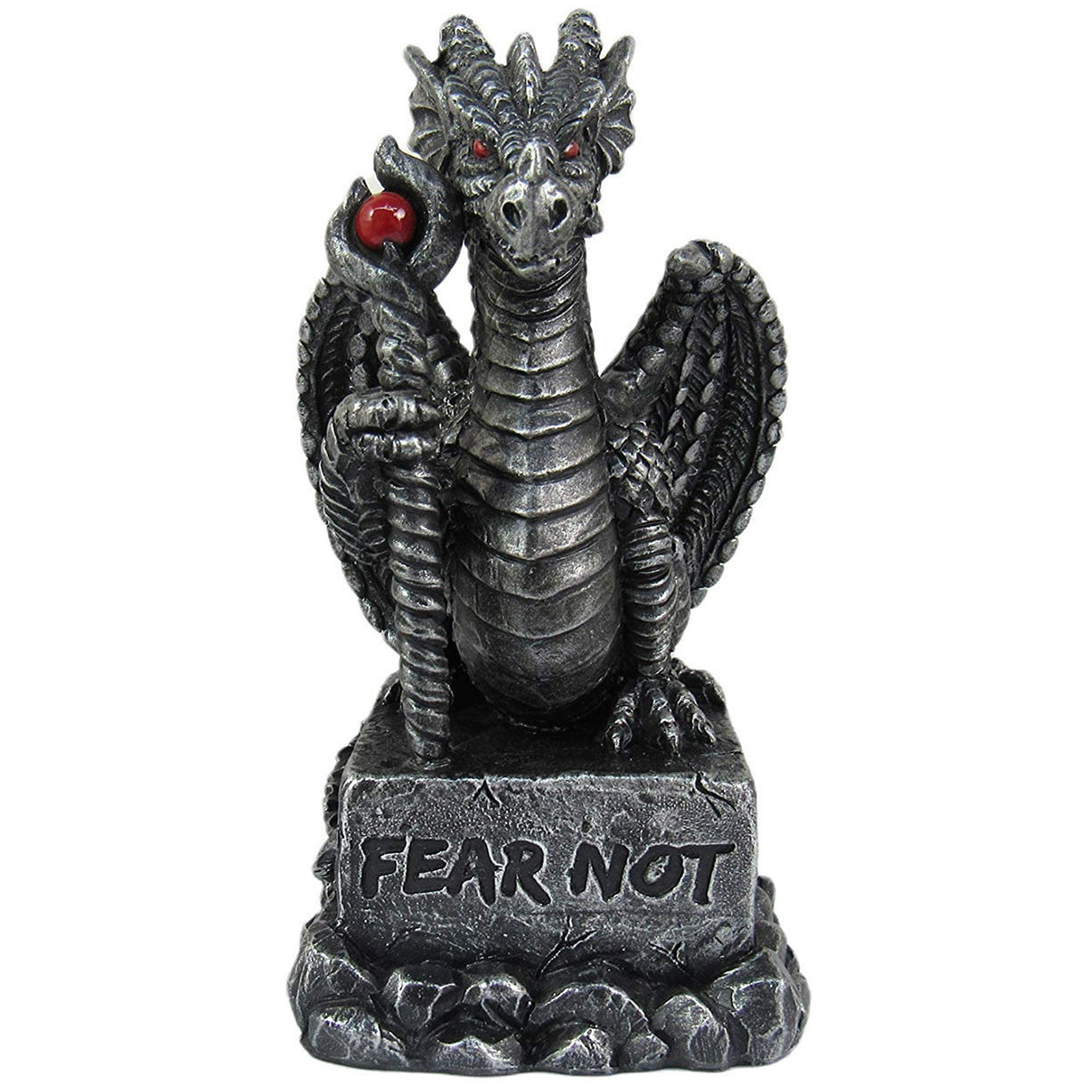 one in a set of four medieval dragons, has a motivational quote Fear Not, hand painted poly resin with red eyes