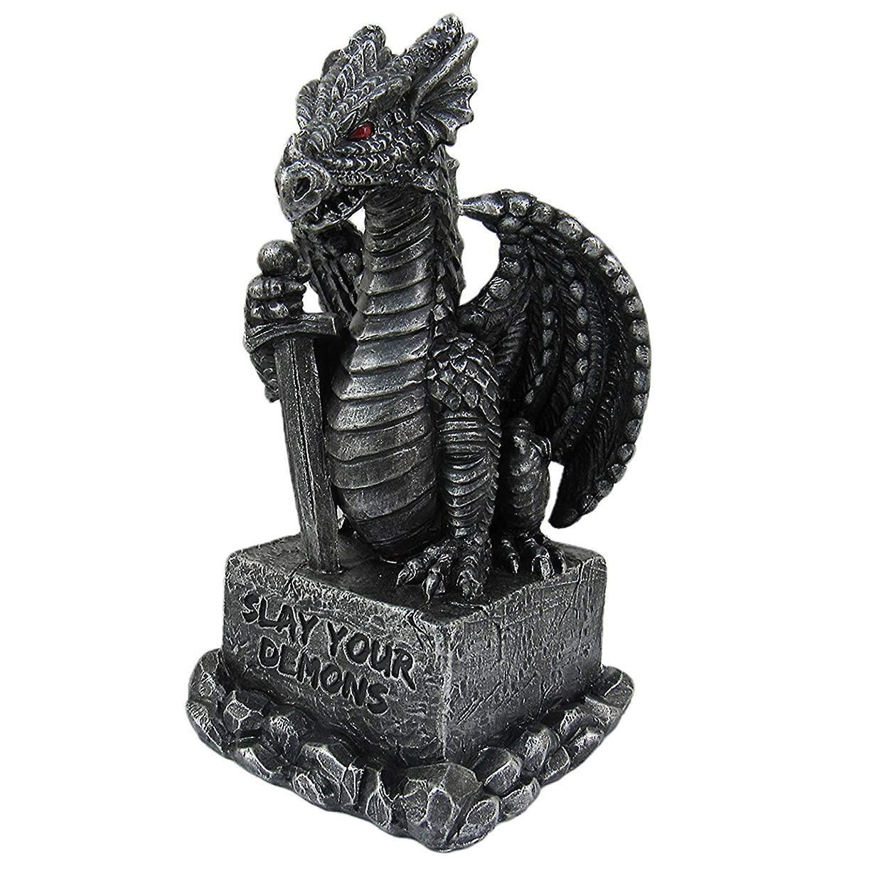 side view of one in set of four medieval dragons, has motivational quote Slay Your Demons, hand painted poly resin with red eyes