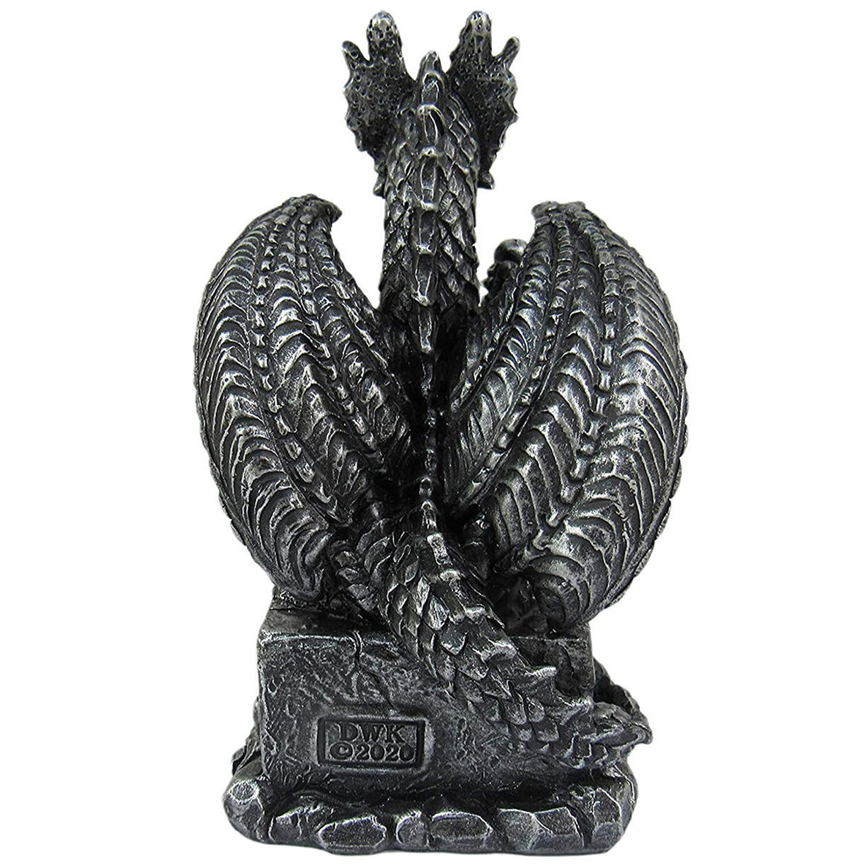 back view of one in set of four medieval dragons, has motivational quote Slay Your Demons, hand painted poly resin with red eyesyes