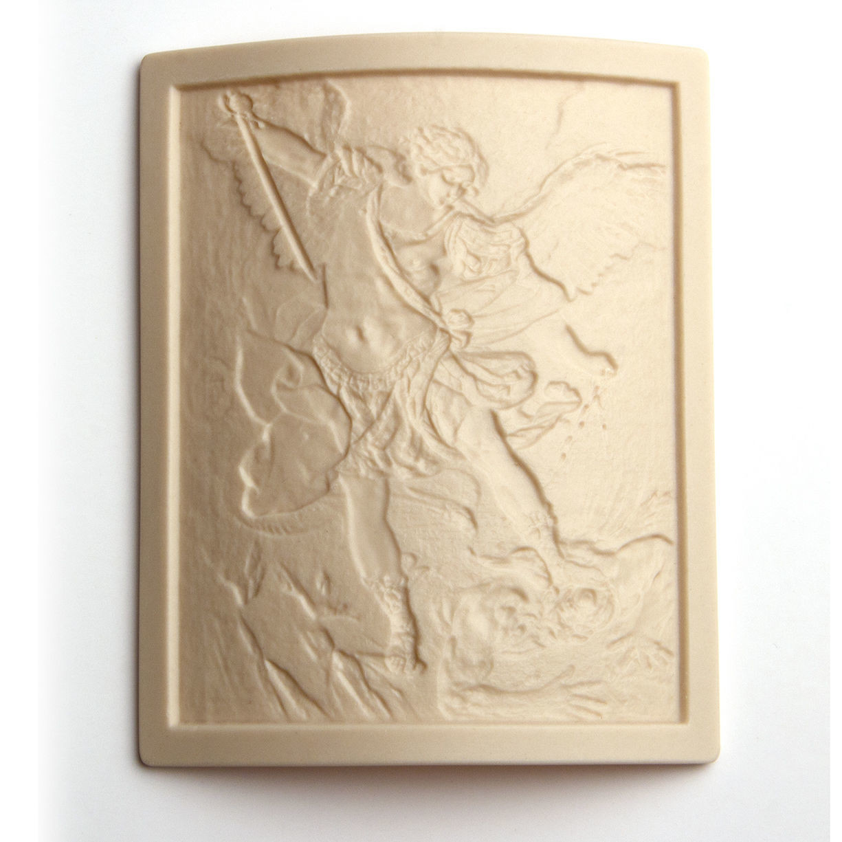 Handcrafted in USA St. Michael Lithophane Night Light has curved porcelain relief, on-off rocker switch with light off