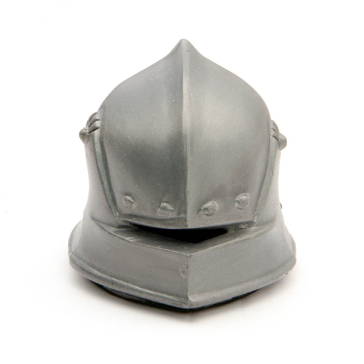 miniature pewter Knightly Sallet helmet for paperweight or home decor has felt-covered bottom for anti-scratching