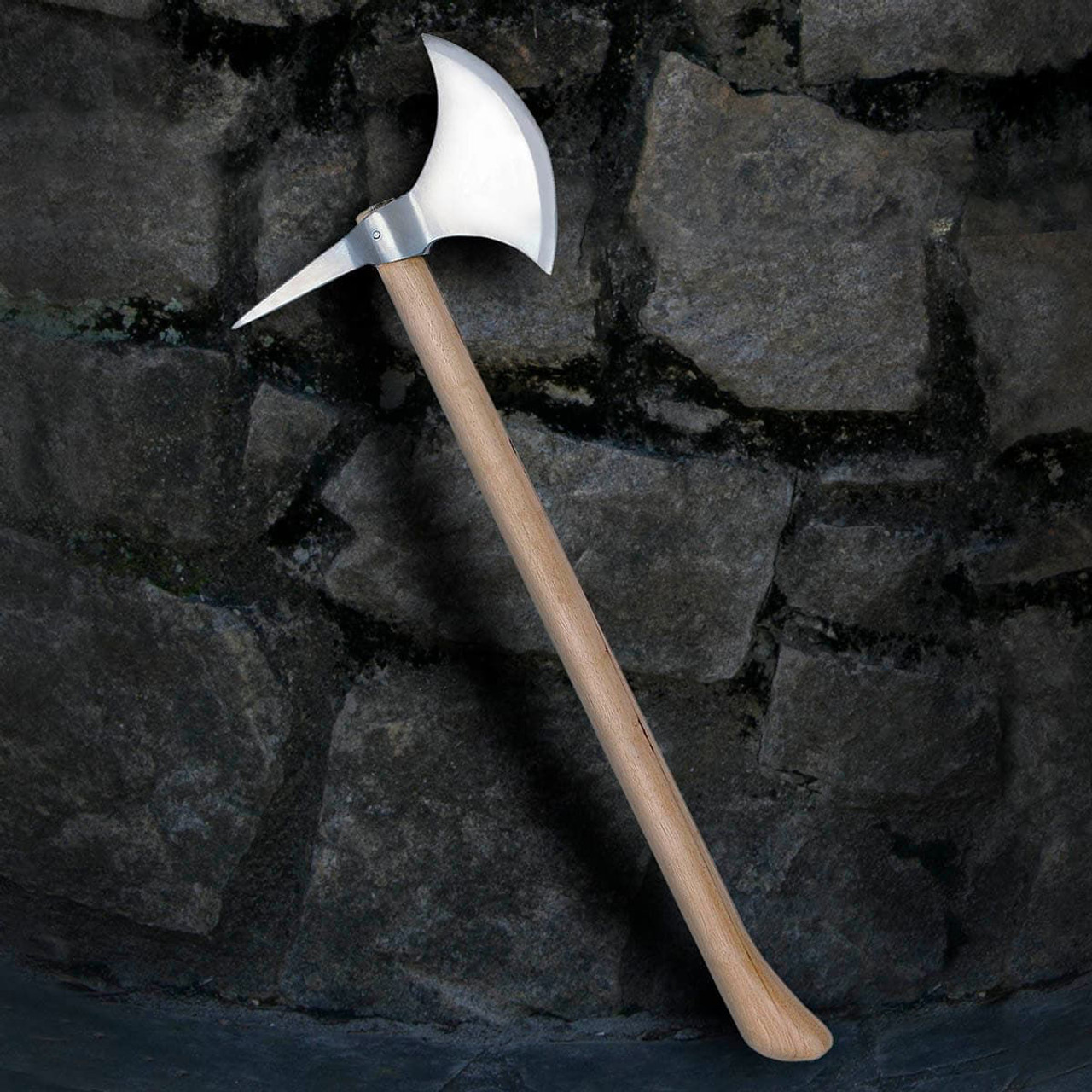 replica one-handed medieval axe with high carbon steel head with back spike and hardwood shaft, made by Windlass