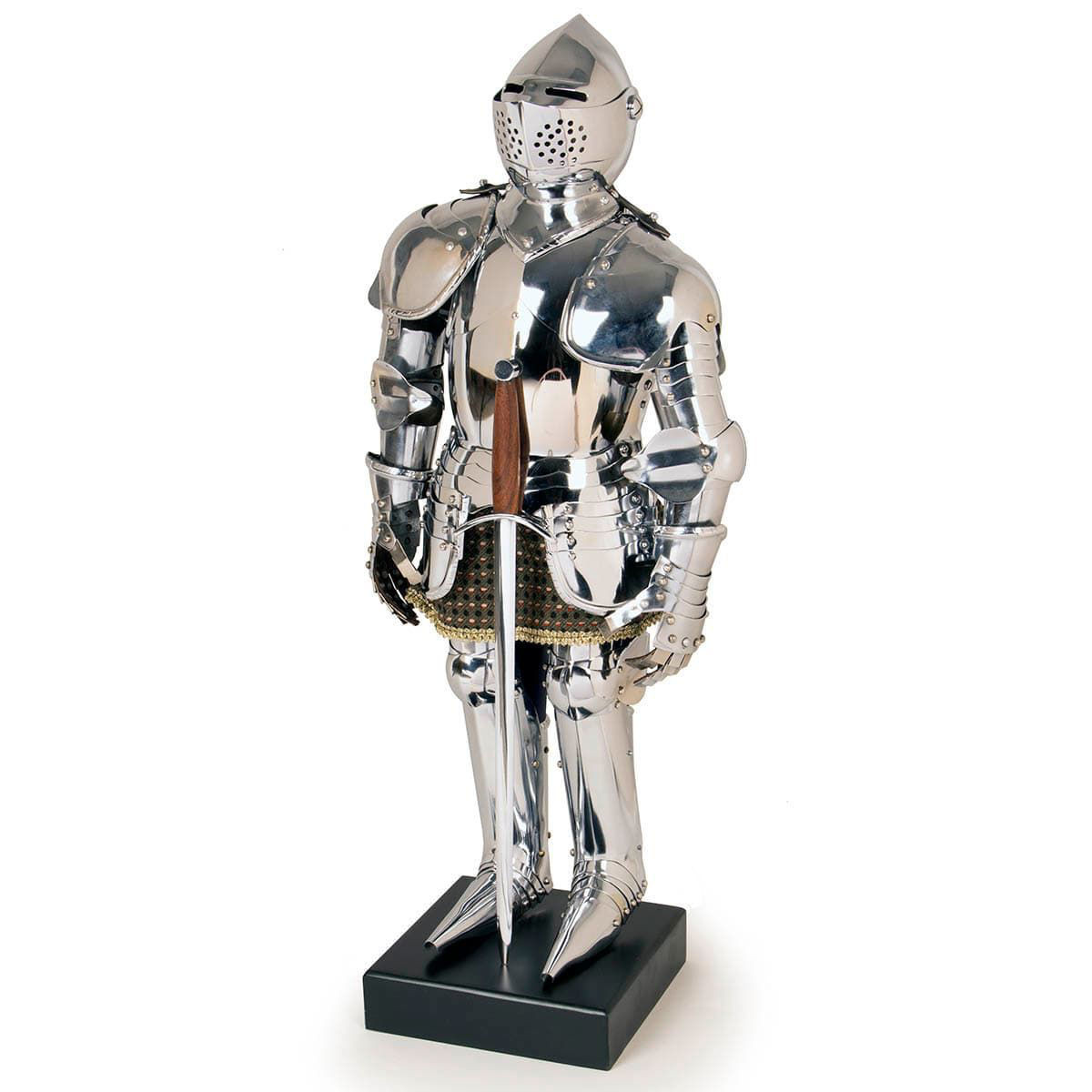 Miniature Suit of Armour has moveable joints and riveted plates with each part separate like a full sized suit