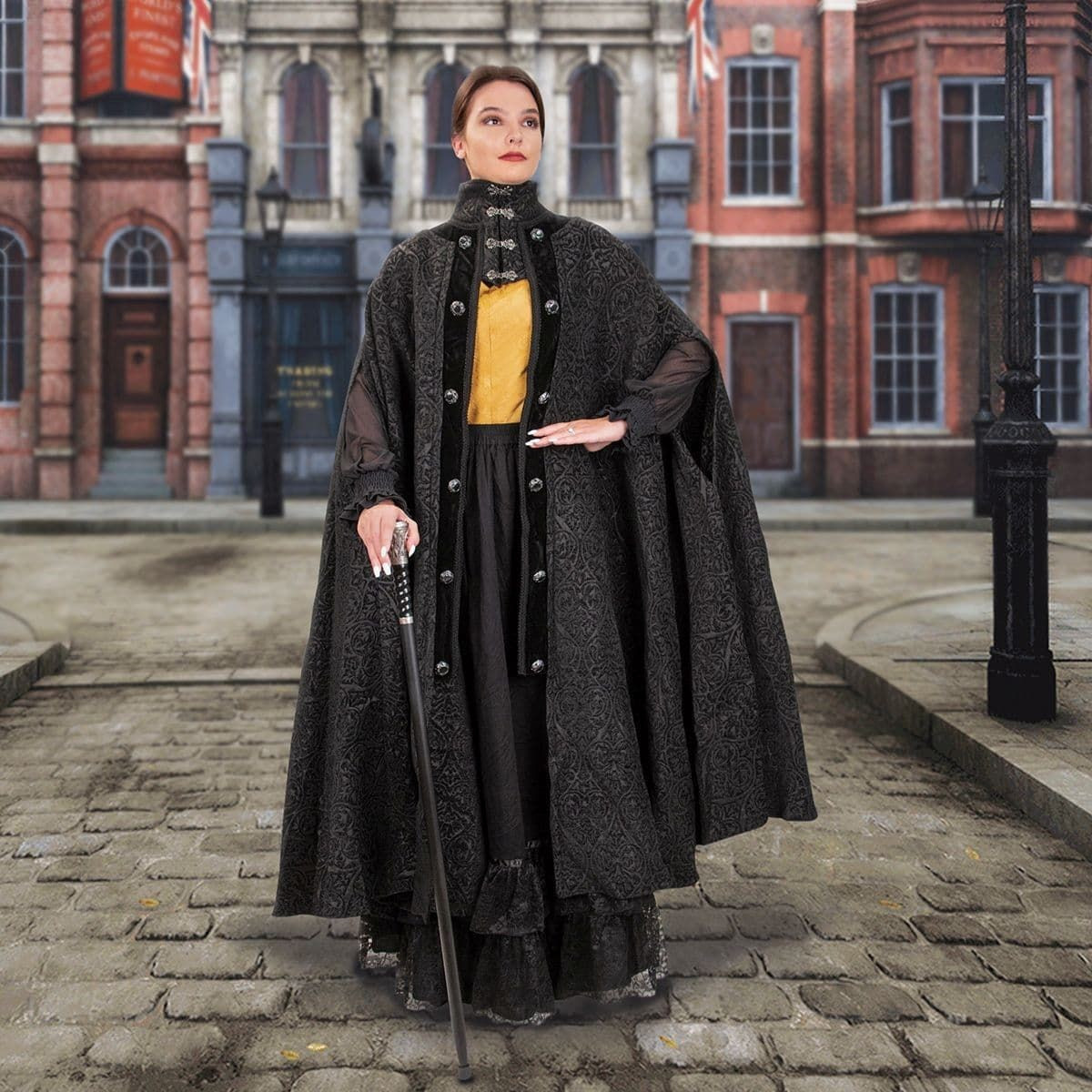 Stratford Brocade Cloak worn by a woman