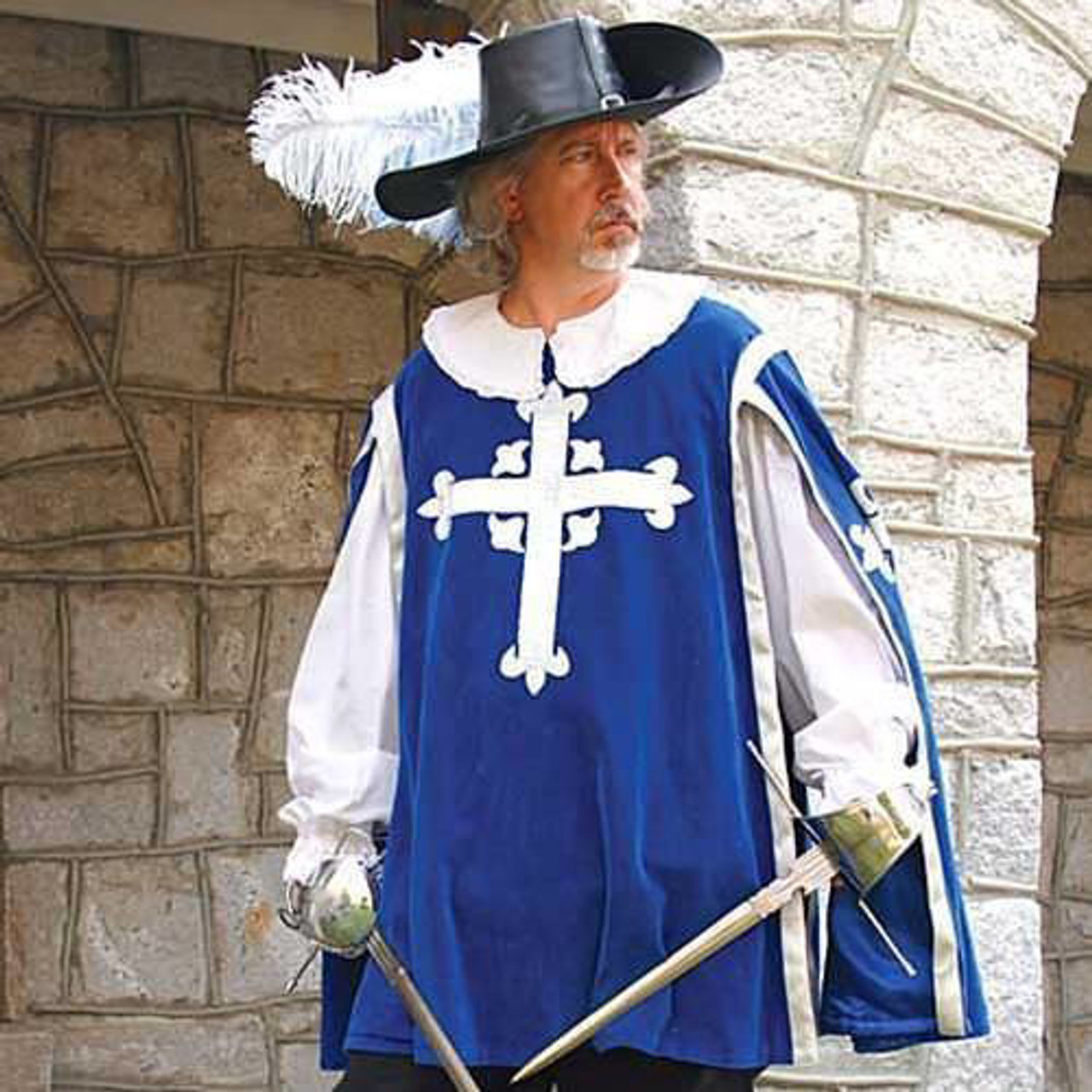 Blue cotton velvet Musketeer Tabard has matching satin lining and embroidered silver crosses with fleur-de-lis on the front and sides