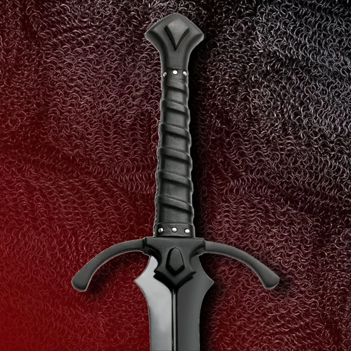 Blacksword fantasy war sword with blued, fully tempered 1080 high carbon steel blade, leather-wrapped wood grip, black parts
