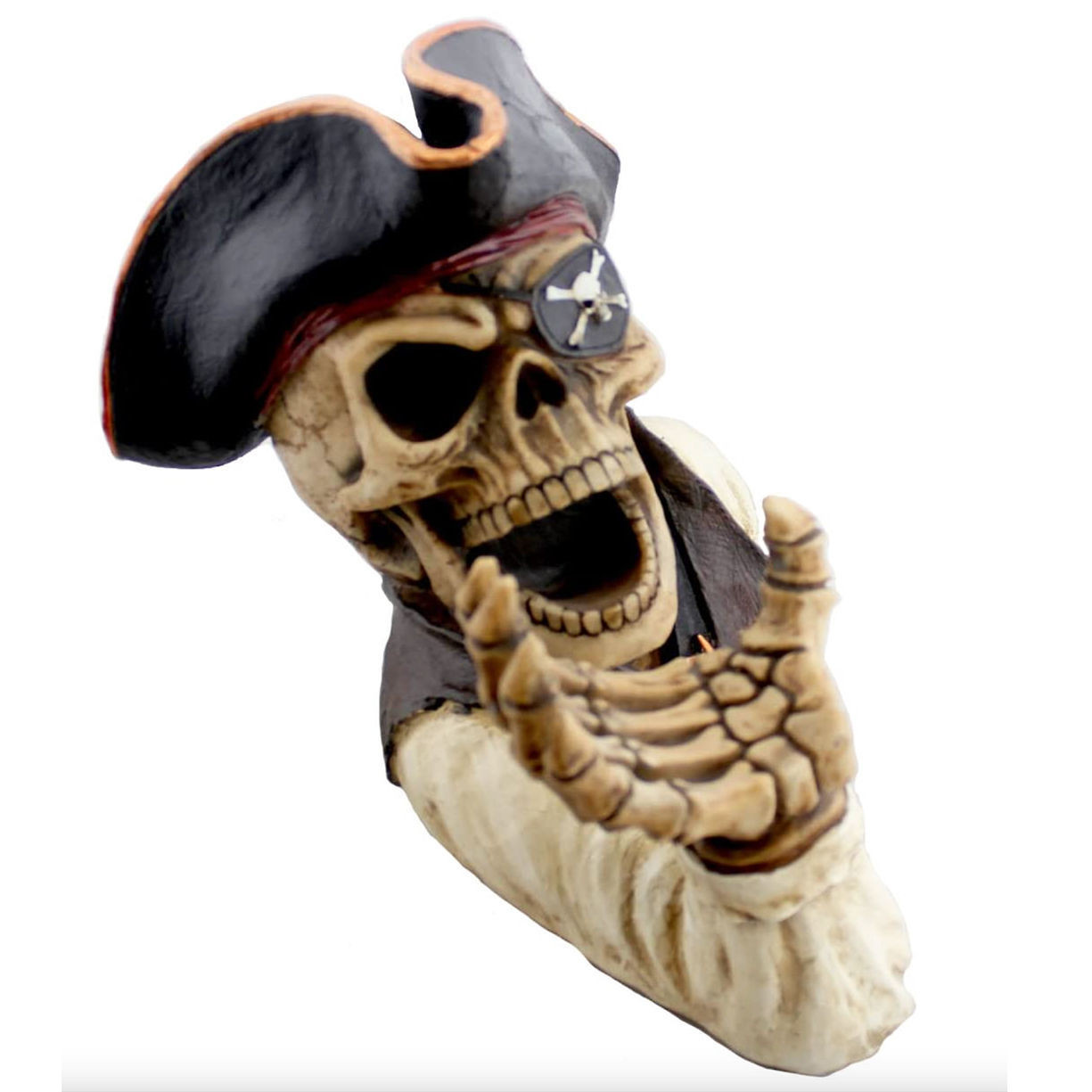 Booty of the Vine Wine Bottle Holder polyresin bottle caddy with skeleton pirate with tricorn hat and Jolly Roger eye patch