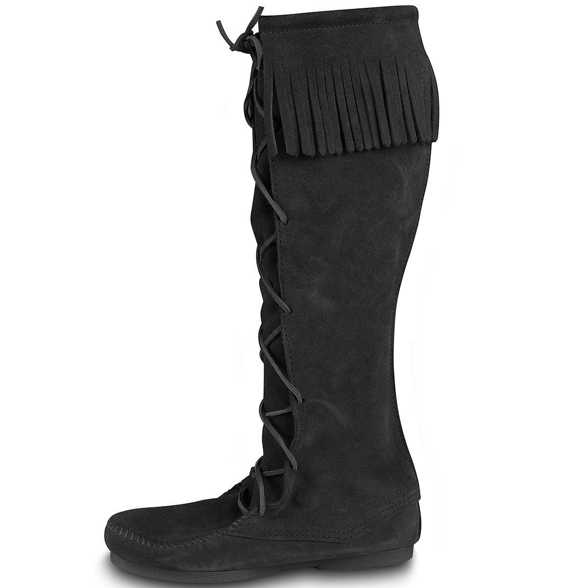 Medieval Suede Mens Tall Lace Front Boots in Black with Fringe