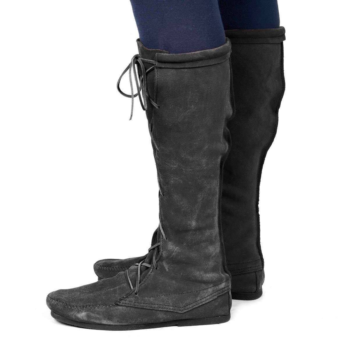 Side View of Medieval Suede Mens Tall Lace Front Boots in Black Without Fringe