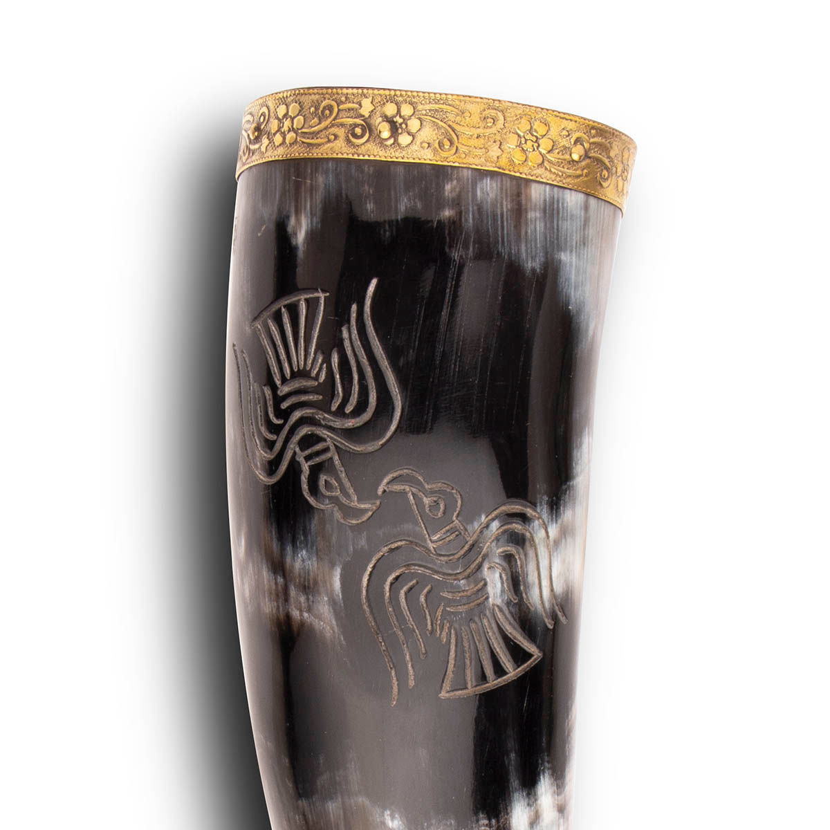 Viking Drinking Horn with hand-engraved ravens is fully functional but slightly de-laminated at the mouth