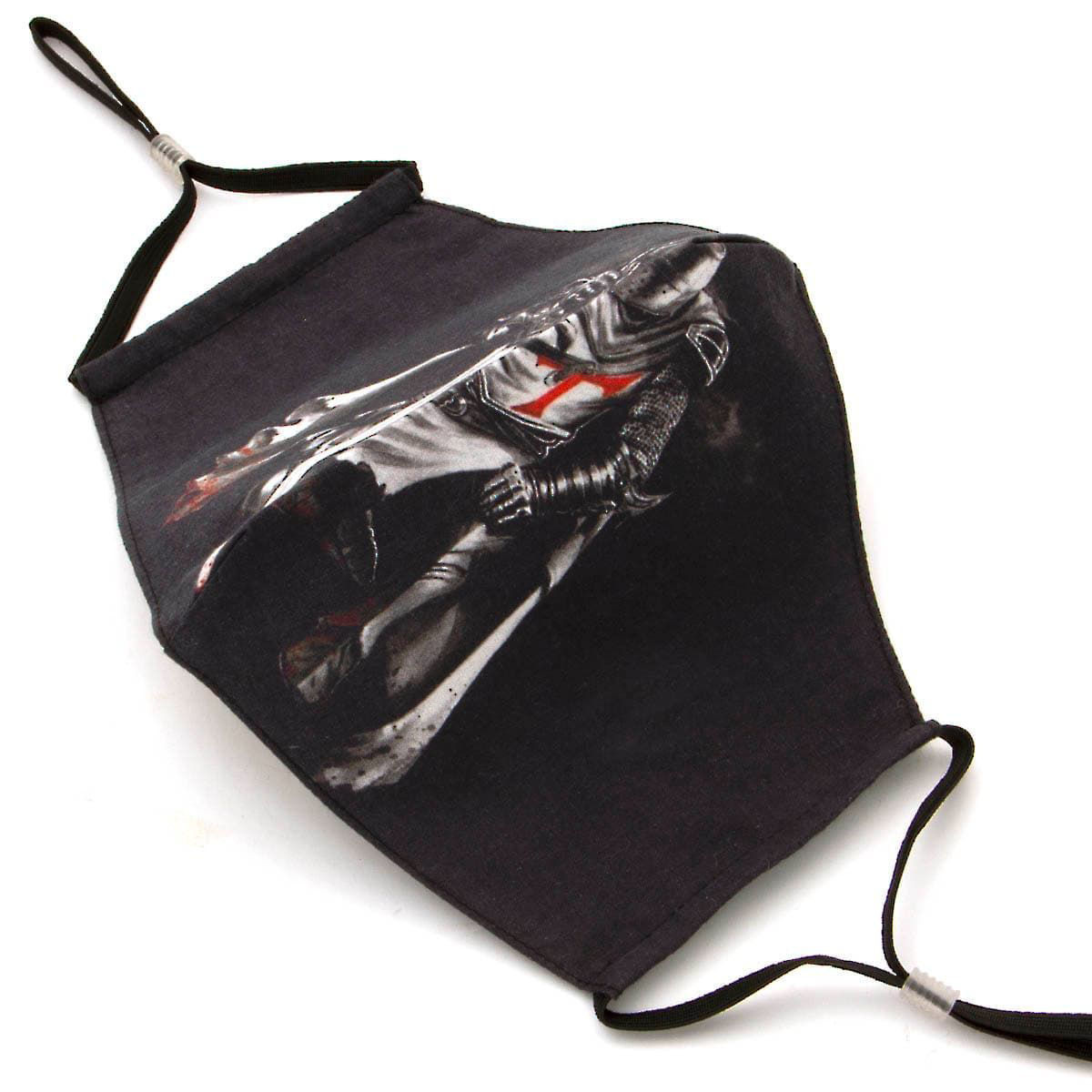 Black Cotton Face Mask with screen image of Templar Knight, adjustable straps and pocket for disposable filter